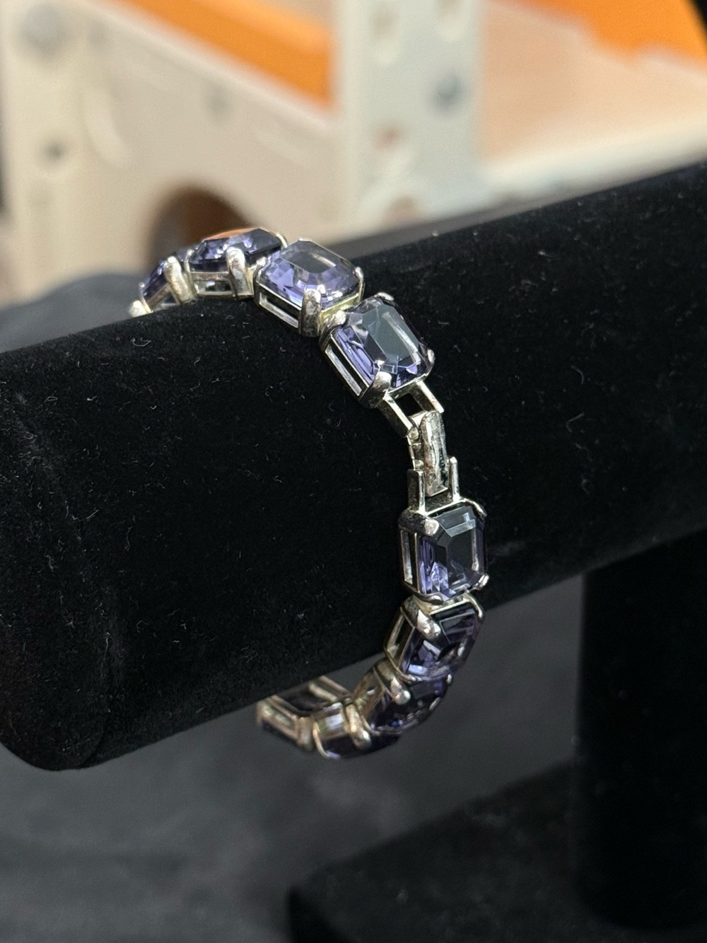 Vintage Monet Silver Tone Purple Emerald Cut Glass Tennis Bracelet